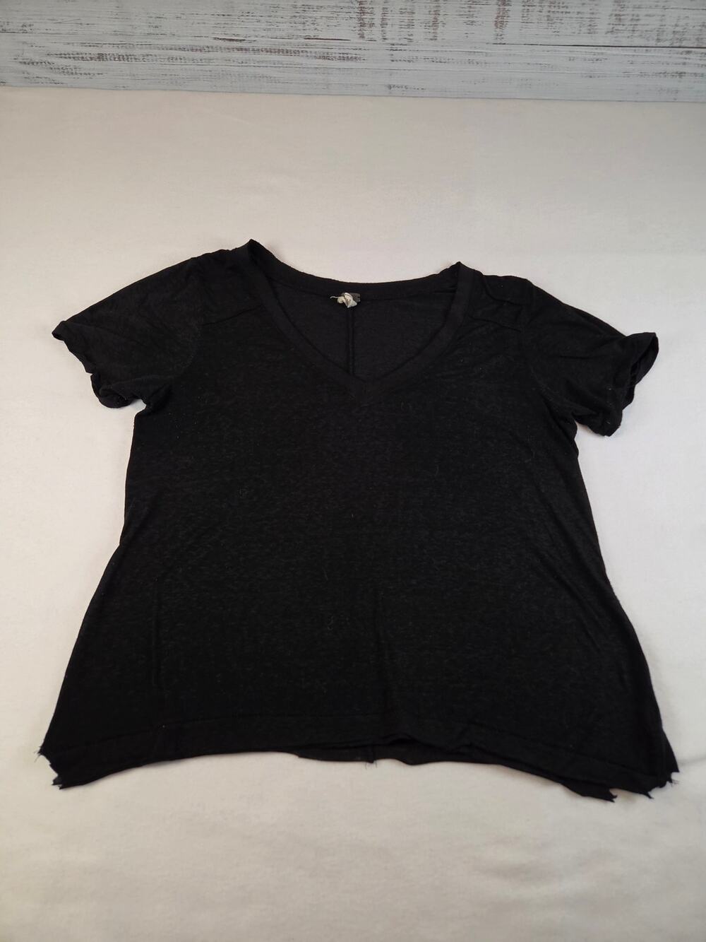 We The Free Free People Black V Neck Tee Women's L Slouchy Raw Hem Distressed